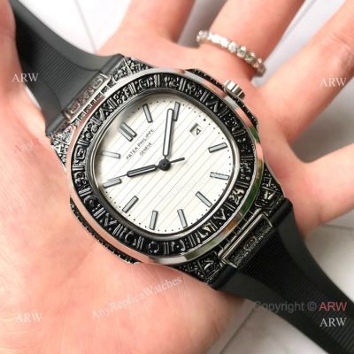 Copy Patek Philippe Nautilus "Tattoo" Watch - White Dial Black Rubber strap